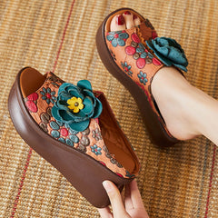 Leather Vintage Wedge Slippers