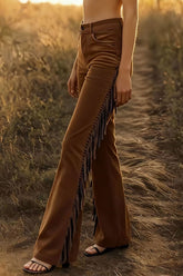 Suede High-waisted Fringed Casual Flared Pants