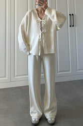 Solid Color V-neck Tie Long-sleeved Loose Knit Cardigan and Elastic Waist Casual Straight Leg Pants Set