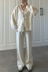 Solid Color V-neck Tie Long-sleeved Loose Knit Cardigan and Elastic Waist Casual Straight Leg Pants Set