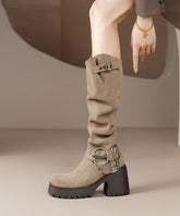 Light Camel Splicing Buckle Suede Chunky Heel Boots