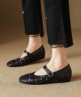 Handmade Buckle Strap Splicing Wedge Shoes Black Sheepskin Hollow Out