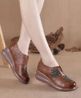 Vintage Brown Cowhide Leather Wedge Heels Shoes Splicing Floral