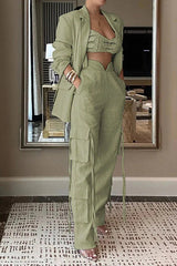 Lapel Long Sleeve Loose Jacket and Casual Pocket Lace-up Straight Leg Pants Set