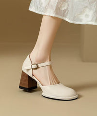 Beige Cowhide Leather Classy Splicing Chunky Heel Sandals