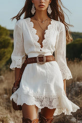 Solid Color V-neck Lace Trim Slim-fit Mini Dress