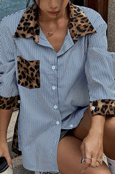 Striped Leopard Print Patchwork Loose Casual Long-sleeved Shirt