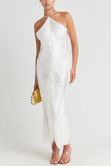 Allnight Metallic Halterneck Backless Fringed Slit Maxi Dress