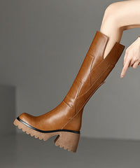 Brown Boots Chunky Cowhide Leather Splicing Zippered