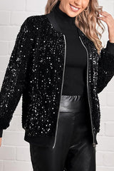 Sequined Long-sleeved Zip-up Casual Jacket