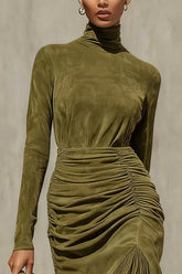 Suede High-neck Long-sleeved Pleated Tassel Midi Dress