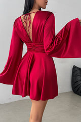 Solid Color V-neck Flared Long Sleeves Slim-fit Elegant Mini Dress