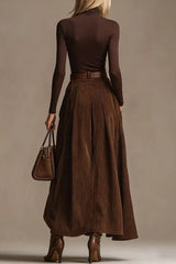 High-neck Long-sleeved Fitted Top and Casual Elastic Waist Pocket Maxi Skirt Set