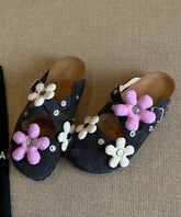 Dark Grey Suede Floral Rivet Splicing Stylish Slide Sandals