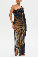 Unique Print One Shoulder Slim High Slit Maxi Dress