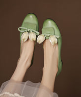 Elegant Green Bow Floral Splicing Cowhide Leather Flat Shoes