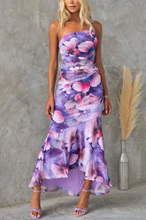 Mesh overlay printed one shoulder wave skirt