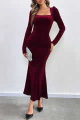 Velvet Long-sleeved Backless Slim Fit Fishtail Maxi Dress