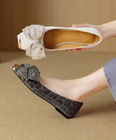 French Grey Suede Bow Zircon Splicing Flat Shoes For Women