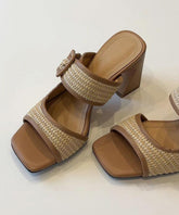 Chic Splicing Chunky Heel Brown Faux Leather Slide Sandals