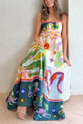 Feel Effortlessly Linen Blend Unique Print Smocked Back Pocketed Midi Dress