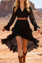 Lace V-neck Long-sleeved Irregular Ruffle Midi Dress