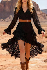 Lace V-neck Long-sleeved Irregular Ruffle Midi Dress