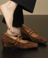 Brown Wedge Heels Shoes Suede Splicing Buckle Strap
