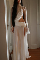 See-through High-neck Long-sleeved Draped Top and High-waisted Slit Maxi Skirt Vacation Set