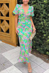 Floral Print V-neck Puff Sleeve Open-back Maxi Dress