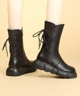 Black Lace Up Splicing Cowhide Leather Platform Boots