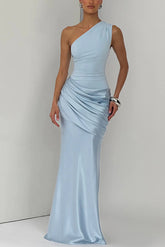 One-shoulder Sleeveless Satin Draped Slim-fit Maxi Dress