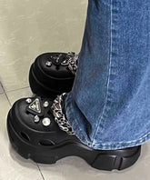 Fashion Black Chain Linked Splicing Hollow Out Platform Slide Sandals