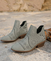 Grey Hollow Out Lace Up Faux Leather Simple Chunky Boots