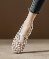 Champagne Breathable Mesh Nail Bead Flats Splicing Cowhide Leather