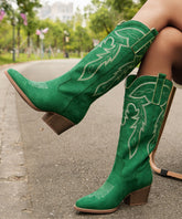 Green Pointed Toe Solid Suede Embossed Chunky Boots