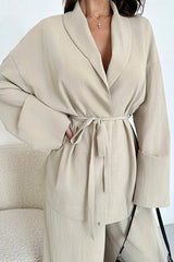 Solid Color Collared Long-sleeved Tie-waist Loose Top and Elastic Waist Casual Wide-leg Pants Set