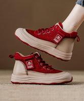Red Women Platform Cowhide Leather Lace Up Splicing Flat Feet Shoes