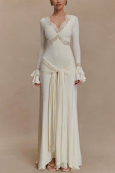Lace Splicing V-neck Long-sleeved Slim Maxi Dress