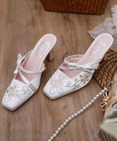 White Satin Embroidery High Heel Slippers