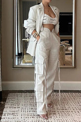 Lapel Long Sleeve Loose Jacket and Casual Pocket Lace-up Straight Leg Pants Set