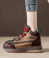 Green Lace Up Boots Splicing Platform Cowhide Leather