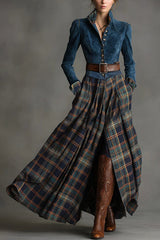 Faux Denim Suede Patchwork Long-sleeved Casual Maxi Dress