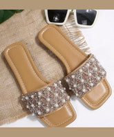 Splicing Nail Bead Apricot Faux Leather Slide Sandals