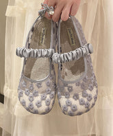 Blue Walking Sandals Tulle Embroidery Buckle Strap Splicing