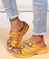 Splicing Wedge Yellow Slide Sandals Hollow Out Peep Toe