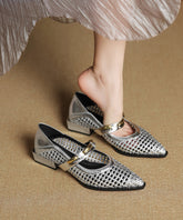 Stylish Splicing Flat Shoes Silver Cowhide Leather Hollow Out