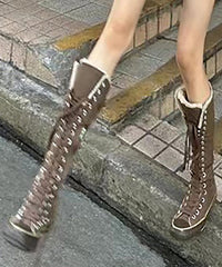 Brown Canvas Lace Up Splicing Boots Fuzzy Wool Lined