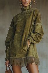 Suede High-neck Long-sleeved Loose-fitting Pockets Tassel Mini Dress