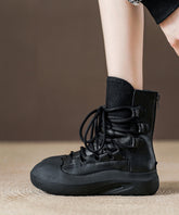 Casual Splicing Platform Boots Black Cowhide Leather Lace Up